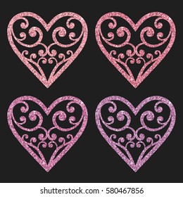 Set collection of ornamental pink glitter hearts on a black background. Vector illustration. Beautiful design elements for t-shirt design, save the date, wedding invitations, stickers, flash tattoos.