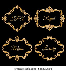 Set collection of ornamental vintage frames with sample text in golden yellow color.  Vector illustration. Isolated on black. Can use for birthday card, wedding invitations, restaurants menu, spa