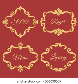 Set collection of ornamental vintage frames with sample text in golden yellow color.  Vector illustration. Isolated on red. Can use for birthday card, wedding invitations, restaurants menu, spa