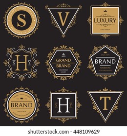 Set Or Collection Of Ornate Or Vignette Brand Or Product Vintage Banner Or Retro Logo, Old Badge That Guarantees Quality, Sticker With Ribbon For Label And Crown Above