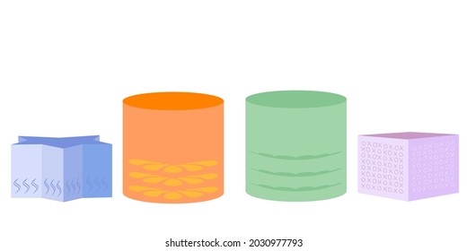 A set (collection) of ottomans in the form of three-dimensional geometric figures (cube, cylinder, prism, parallelepiped). Isometric flat style. Isolated vector illustration. Fashion illustration. Con