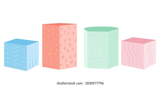A set (collection) of ottomans in the form of three-dimensional geometric figures (cube, cylinder, prism, parallelepiped). Isometric flat style. Isolated vector illustration. Fashion illustration. Con