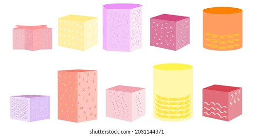 A set (collection) of ottomans in the form of three-dimensional geometric figures. Isometric flat style. Isolated vector illustration. Fashion illustration. Contemporary home decor. Living room interior