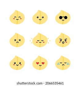 Set, collection, pack of chickpeas emoji, vector cartoon style icons of chickpeas, chick pea seeds characters with different facial expressions, happy, sad, shining, joyful.