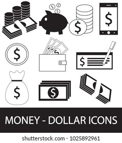 Set, collection or pack of Dollar currency icon or logo vector. Coins, notes or bills, cell or mobile phone, wallet or check. Symbol for United States of America bank, banking or American finances.