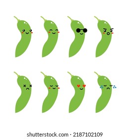 Set, collection, pack of edamame emoji, vector cartoon style icons of edamame, green soy beans characters with different facial expressions, happy, sad, joyful, wearing sunglasses.
