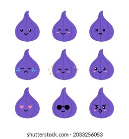 Set, colección, paquete de emoticonos de frutas de higo, iconos vectoriales de dibujos animados de personajes de frutas de higos con diferentes expresiones faciales, alegres, tristes, brillantes, alegres.
