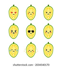 Set, collection, pack of jackfruit emoji, vector cartoon style icons of jackfruit characters with different facial expressions, happy, sad, joyful, wearing sunglasses.
