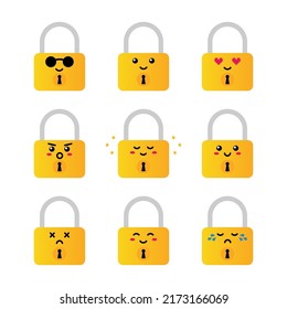 Set, collection, pack of lock emoji, vector cartoon style icons of golden locks characters with different facial expressions, happy, sad, shining, joyful.
