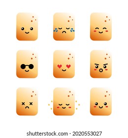 Set, collection, pack of marshmallow emoji, vector cartoon style icons of golden brown toasted marshmallow characters with different facial expressions, happy, sad, shining, joyful.