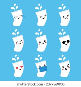 Set, collection, pack of milk emoji, vector cartoon style icons with glasses of milk characters with different facial expressions, happy, sad, joyful, wearing mask.

