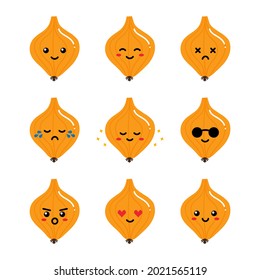 Set, colección, paquete de emoticonos de cebolla, iconos vectoriales de estilo de dibujos animados de la bombilla amarilla de cebolla, personajes vegetales con diferentes expresiones faciales, alegres, tristes, brillantes, alegres.
