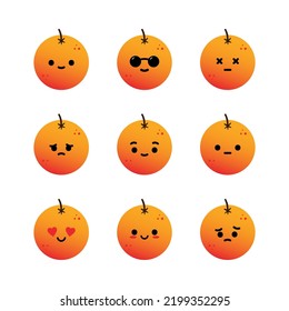 Set, collection, pack of orange emoji, vector cartoon style icons of orange fruit characters with different facial expressions, happy, sad, loving, disappointed.
