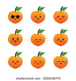 Set, collection, pack of peach emoji, vector cartoon style icons of peach fruits characters with different facial expressions, happy, sad, shining, joyful.