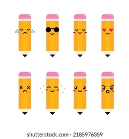 Set, collection, pack of pencil emoji, vector cartoon style icons of pencils with erasers characters with different facial expressions, happy, sad, shining, joyful.
