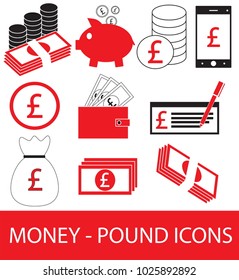 Set, collection or pack of Pound currency icon or logo. Coins, notes or bills, cell or mobile phone, wallet or check. Symbol for United Kingdom or Great Britain and England bank, banking or finances