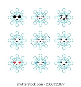 Set, collection, pack of snowflake emoji, vector cartoon style icons of blue snowflakes characters with different facial expressions, happy, sad, joyful.