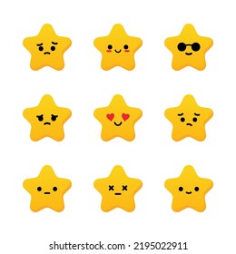 Set, collection, pack of star emoji, vector cartoon style icons of yellow stars characters with different facial expressions, happy, sad, loving, disappointed.