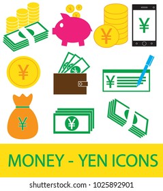 Set, collection or pack of Yen, Yuan or Renminbi currency icon or logo. Coins, notes or bills, cell or mobile phone or check. Symbol for Japanese or Chinese bank, banking or Japan and China finances