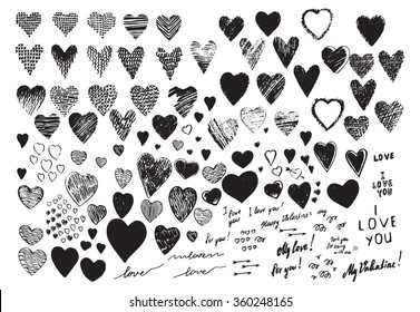 Set, a collection of painted  hearts with the inscription "For you!". Hearts in the style of drawing, doodle, sketch. Vector drawing red hearts isolated on white background. Hearts Valentine's Day.