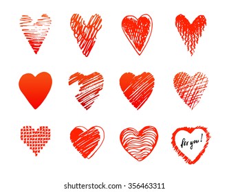 Set, a collection of painted red hearts with the inscription "For you!". Hearts in the style of drawing, doodle, sketch. Vector drawing red hearts isolated on white background. Hearts Valentine's Day.
