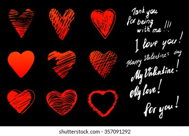 Set, a collection of painted red hearts with the inscription "For you!". Hearts in the style of drawing, doodle, sketch. Vector drawing red hearts isolated on black background. Hearts Valentine's Day.