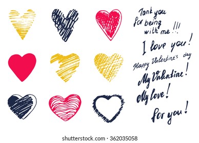 Set, a collection of painted red hearts with the inscription "For you!". Hearts in the style of drawing, doodle, sketch. Vector drawing red hearts isolated on white background. Hearts Valentine's Day.