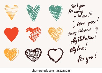 Set, a collection of painted red hearts with the inscription "For you!". Hearts in the style of drawing, doodle, sketch. Vector drawing red hearts isolated on white background. Hearts Valentine's Day.