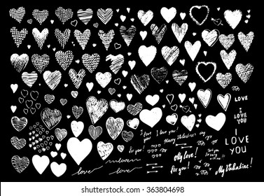 Set, a collection of painted red hearts with the inscription "For you!". Hearts in the style of drawing, doodle, sketch. Vector drawing red hearts isolated on white background. Hearts Valentine's Day.