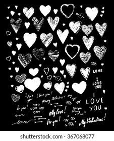 Set, a collection of painted red hearts with the inscription "For you!". Hearts in the style of drawing, doodle, sketch. Vector drawing red hearts isolated on white background. Hearts Valentine's Day.