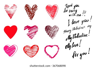 Set, a collection of painted red hearts with the inscription "For you!". Hearts in the style of drawing, doodle, sketch. Vector drawing red hearts isolated on white background. Hearts Valentine's Day.