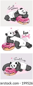 Set collection. Panda hugging and resting with a pink sweet donut. Funny pose. Humor textile composition, hand drawn style print. Vector illustration.