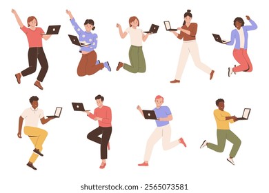 Set collection of people jumping happily while holding laptops. Illustrations for websites, landing pages, mobile apps, posters and banners. Trendy flat vector illustrations