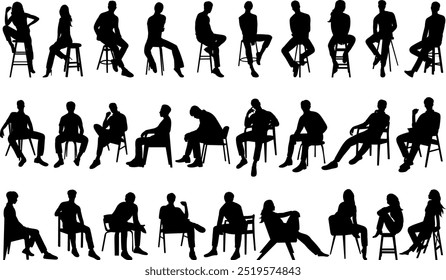 set, collection people sitting on chairs, vector