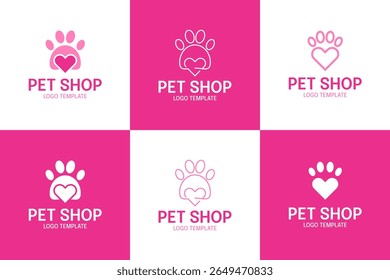 Set collection of pet shop logo template with heart paw vector illustration