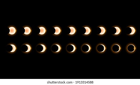 Set Collection Phases Of A Solar And Lunar Eclipse On Dark Background Sun