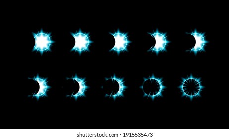 Set Collection Phases Of A Solar And Lunar Eclipse On Dark Background Sun