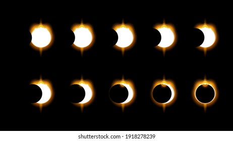 Set Collection Phases Of A Solar And Lunar Eclipse On Dark Background Sun