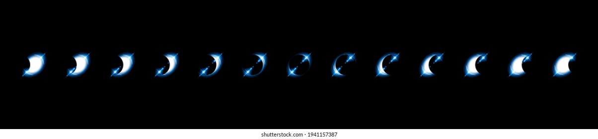 Set Collection Phases Of A Solar And Lunar Eclipse On Dark Background Sun