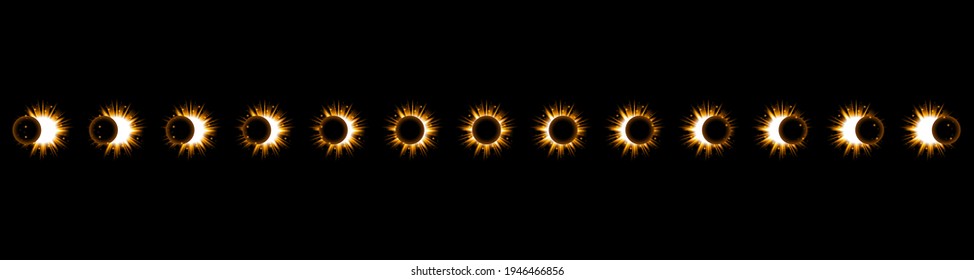 Set Collection Phases Of A Solar And Lunar Eclipse On Dark Background Sun