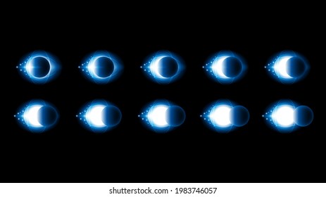 Set Collection Phases Of A Solar And Lunar Eclipse On Dark Background Sun