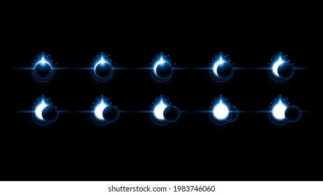 Set Collection Phases Of A Solar And Lunar Eclipse On Dark Background Sun