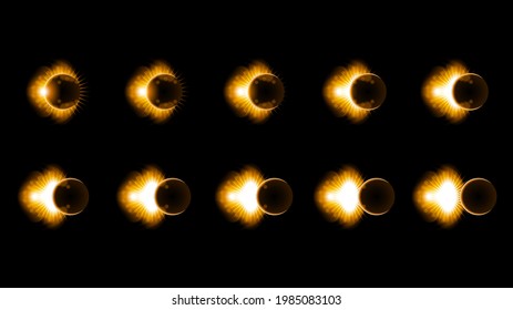 Set Collection Phases Of A Solar And Lunar Eclipse On Dark Background Sun