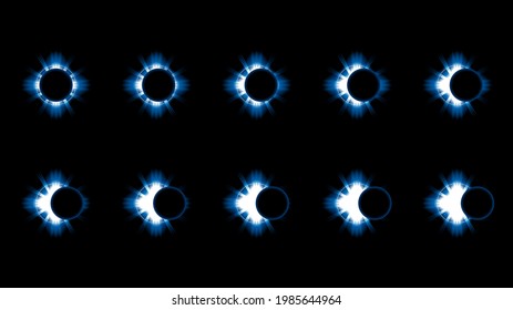Set Collection Phases Of A Solar And Lunar Eclipse On Dark Background Sun