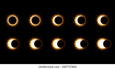 Set Collection Phases Of A Solar And Lunar Eclipse On Dark Background Sun