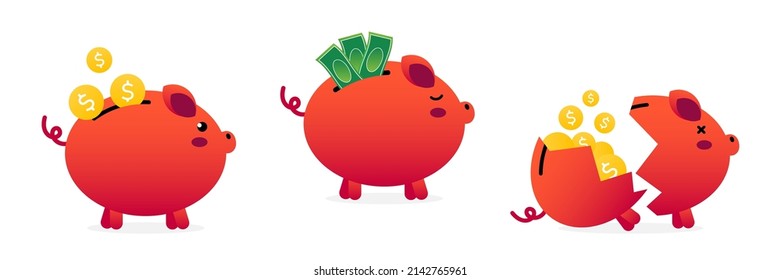 Set, collection of piggy banks with cash and coins. Broken piggy bank. Vector cartoon style icons, illustrations for savings, economy, money related design.
