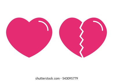 Set, collection of pink flat design icons of normal and broken hearts.