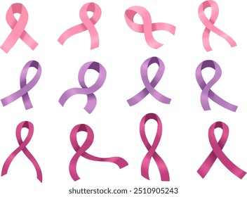 set collection of pink ribbon vector flat illustration for breast cancer awareness month