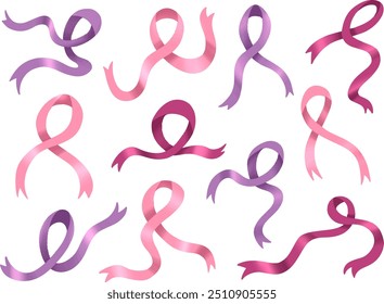 set collection of pink ribbon vector flat illustration for breast cancer awareness month