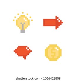 Set, collection of pixel business, start up icons with speech bubble, lamp bulb, arrow and coin.